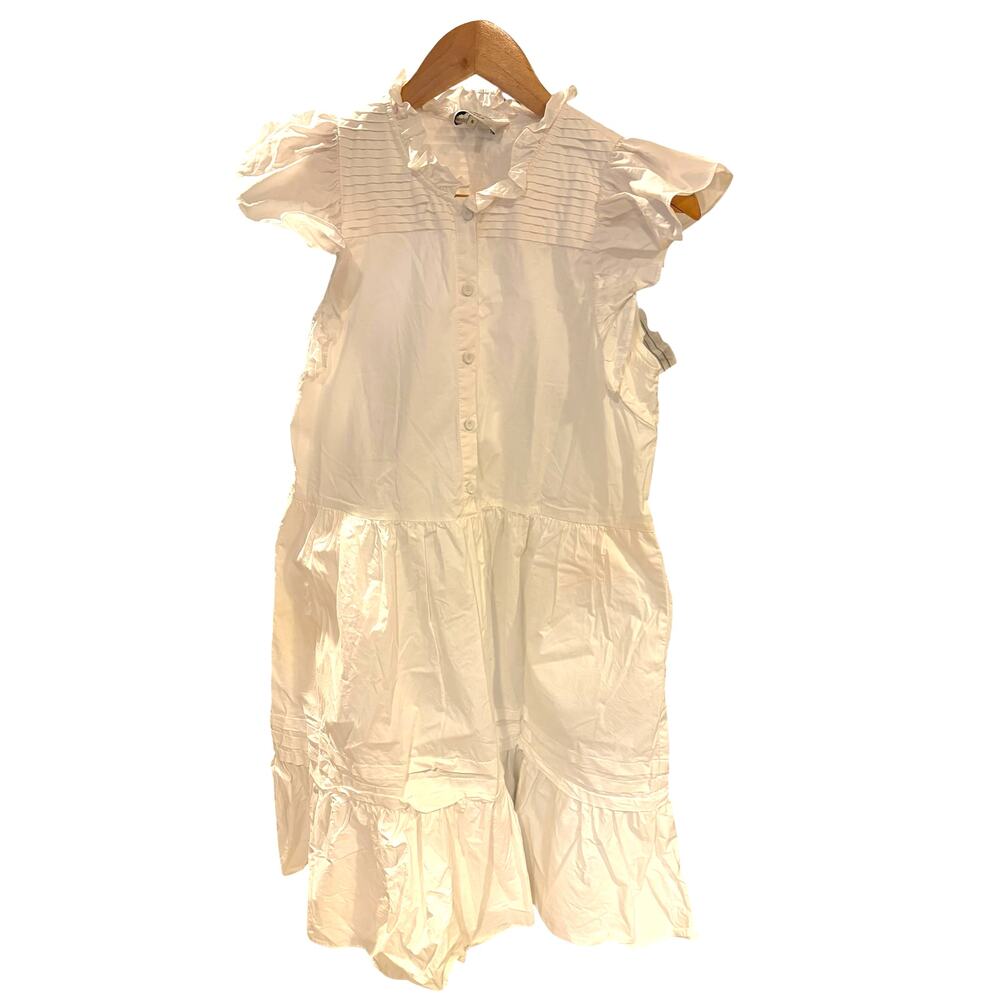 SEA New York Women's Multi Tier Dress SMALL White Flutter Sleeve Button Front
